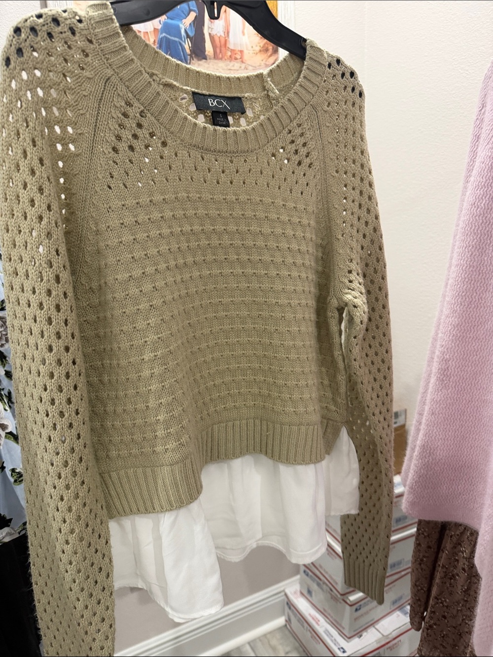 BCX Olive Open-Knit Crewneck with White Layered Hem